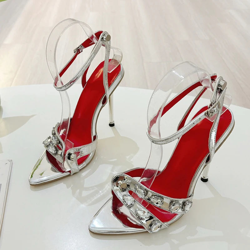 Liyke Summer Fashion Gem Rivet Narrow Band Women's Metal Thih High Heels Sandals Sexy Pointed Open Toe Party Dress Shoes Size 41