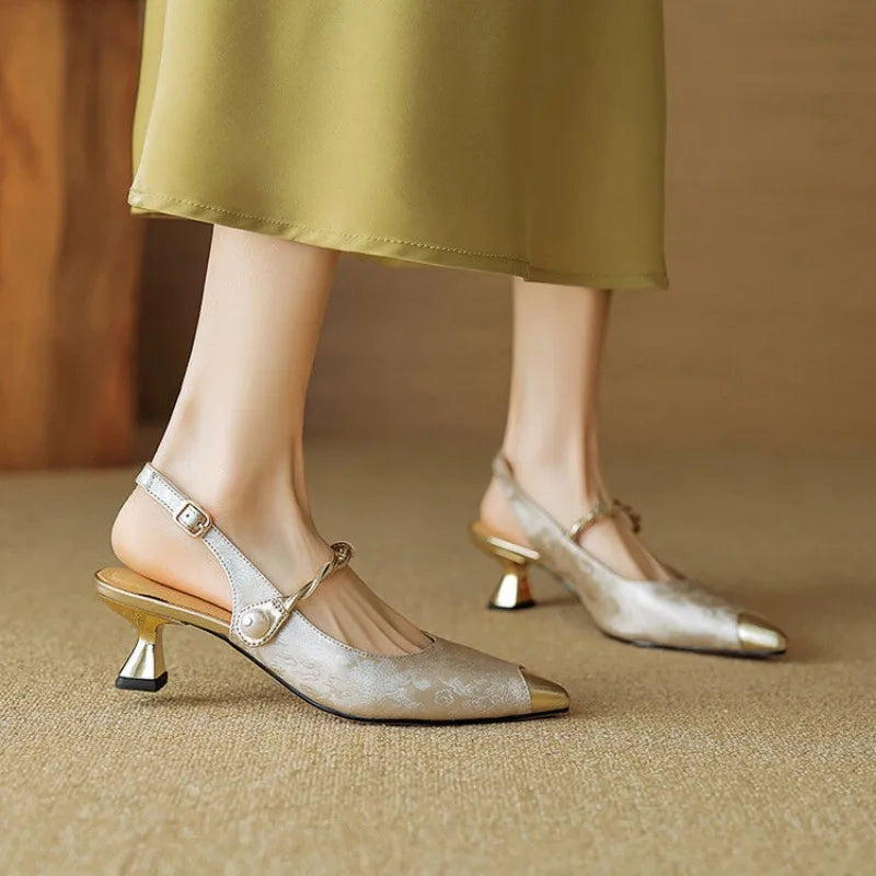Fashion Solid Med Heel Sandals for Women New Hot Sale Summer One-line Buckle Ladies Shoes Baotou Thin Heels Pu Women's Sandals