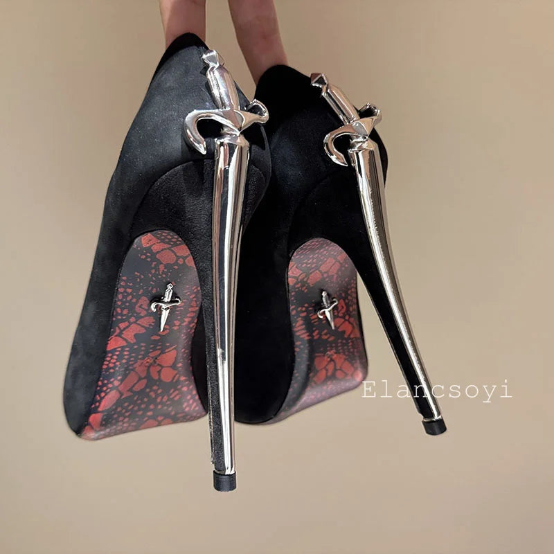 Women Pumps Real Leather Metal Sword Pointed Toe High Heel Shallow Mouth Thin Heel Single Shoes Spring Autumn Sexy Runway Shoes