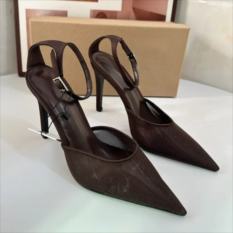 Spring Sexy Ankle Strap Pointed Toe Pumps Woman Sandals Brown Mesh Stiletto Heels Design Ladies Dress Party Shoes