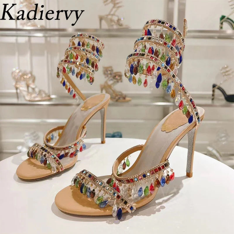 Sexy High Heels Gladiator Sandals Women Crystal String Bead Snake Twine Around Ankle Strap Wedding Shoes Summer Sandals Woman