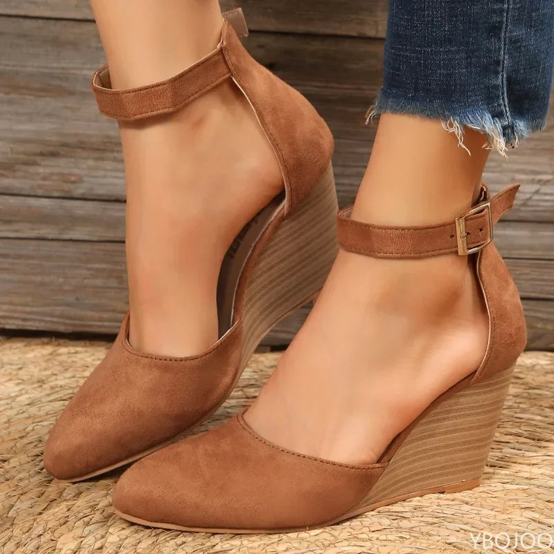 Fashionable pointed toe wedge thick soled buckle women's sandals with straight buckle solid color suede toe cap women's shoes