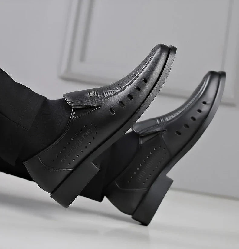 Hollow Breathable in Summer Round Toe Dress Shoes Man Soft Leather Casual Footwear 2025 Style Gentleman New Social Shoe for Men