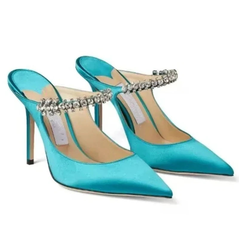 2025 Summer New Pointed High Heels Women's Muller Shoes Transparent Water Diamond Sexy Fashion Thin Heel Women's Sandals