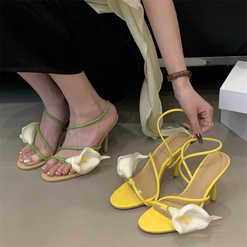 Eilyken Sexy PVC Transparent Flower Narrow Band Women Sandals Street Style Open Toe Thin High Heels Party Prom Shoes