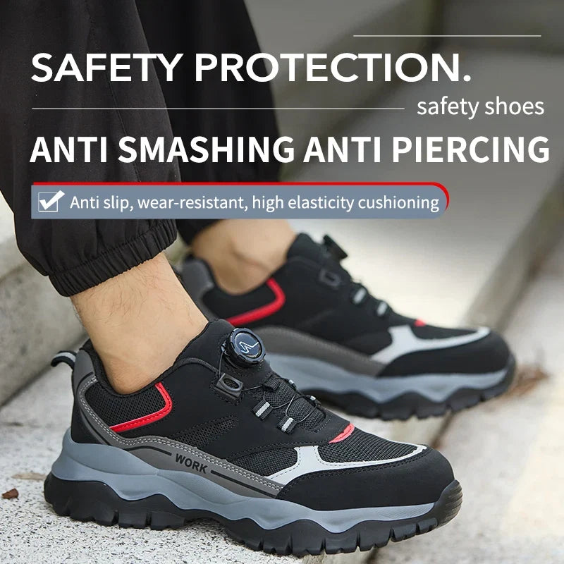 Mens Work Shoes Steel Toe Safety Boots Anti-smash Shoes Mens Black Lightweight Breathable Sneakers Rotary Button Shoes
