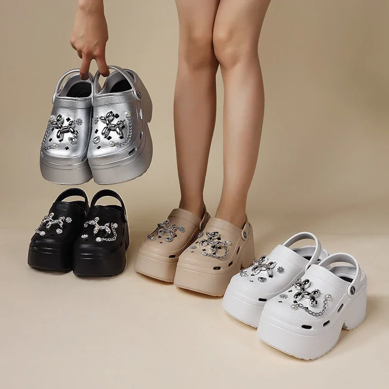 New Women's Silver Platform Clogs Summer 2025 Comfortable Slip on Wedge Sandals Woman Fashion Chain Thick Sole Garden Shoes Lady