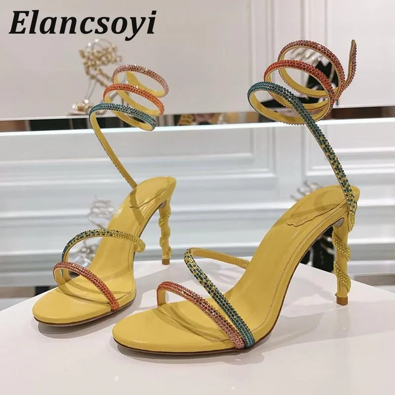 Thin Heels Gladiator Sandals Women's Shiny Rhinestone Ankle Snake Shaped Winding Party Shoes Summer Fashion High Heels Sandalias