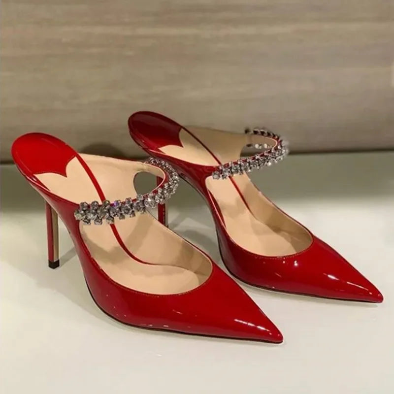 2025 Summer New Pointed High Heels Women's Muller Shoes Transparent Water Diamond Sexy Fashion Thin Heel Women's Sandals