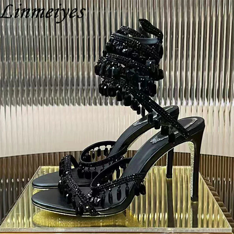 Luxury High Heels Sandals Women Crystal Pendant Snake Twine Around Ankle Strap Wedding Shoes Summer Bohemian Sandals Woman