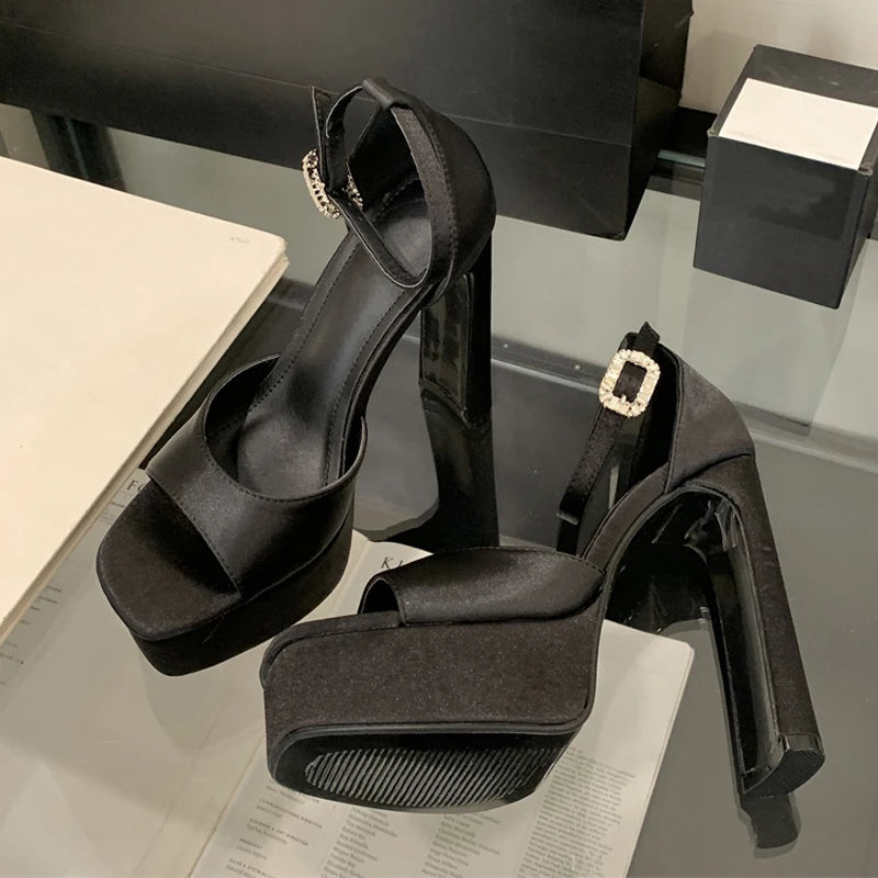 Liyke Runway Style Black High Heels Platform Sandals For Women Cozy Silk Square Toe Buckle Strap Lady Party Dress Shoes Size 40