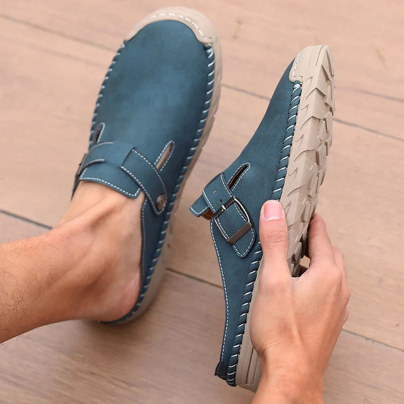 Business and Leisure Men's Mule Leather Loafers Soft Soled Driving Shoes Backless Slippers, Breathable Office Sandals, Plus Size