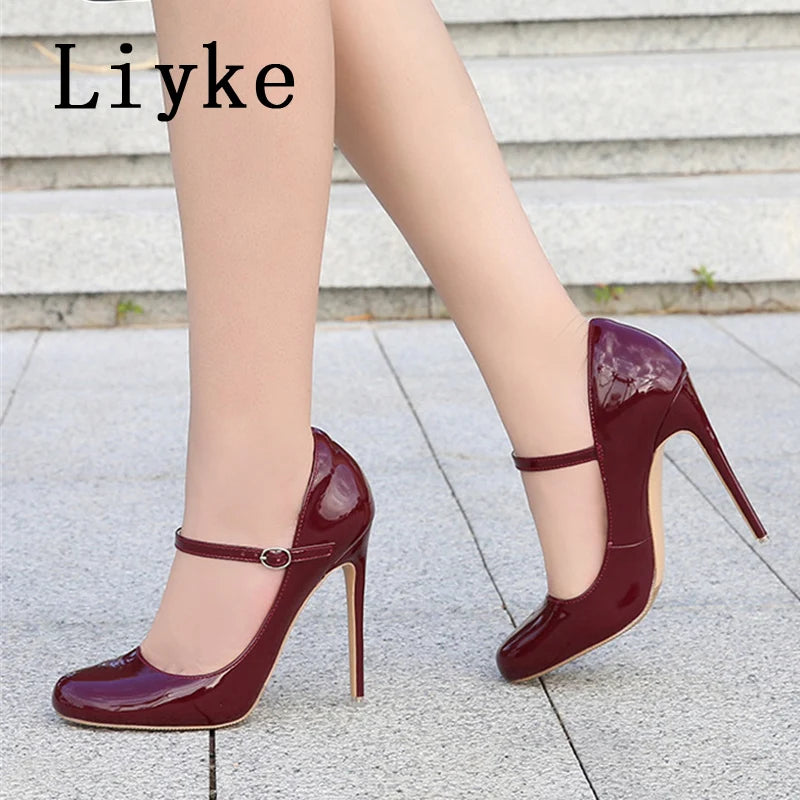 Liyke Big Size 44 45 46 Patent Leather Stiletto High Heels For Ladies Party Prom Shoe Fashion Round Toe Buckle Strap Women Pumps