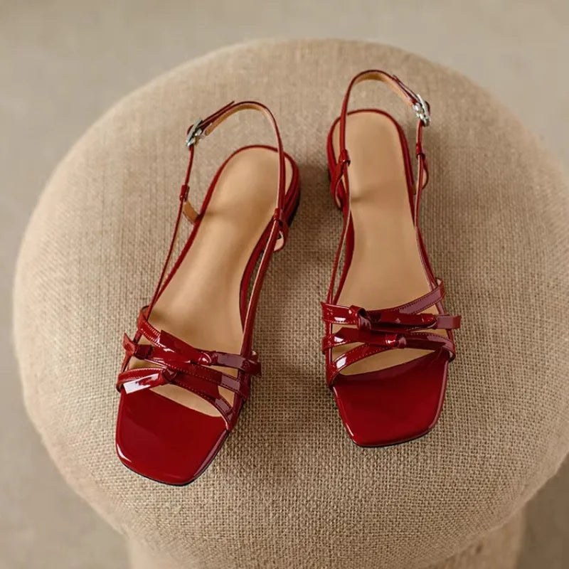 2025 New Stunning Designer Square Toe Single Side Butterfly Red Sandals Summer New Low Heeled Women's Sandals