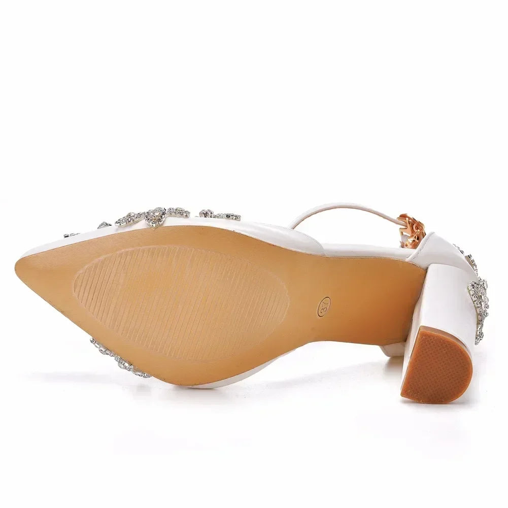 2026 Thick Heel Pointed Toe Shoes Large Size  Thick Heel Sandals Women Rhinestone Wedding Shoes Women White Wedding Shoes Drill