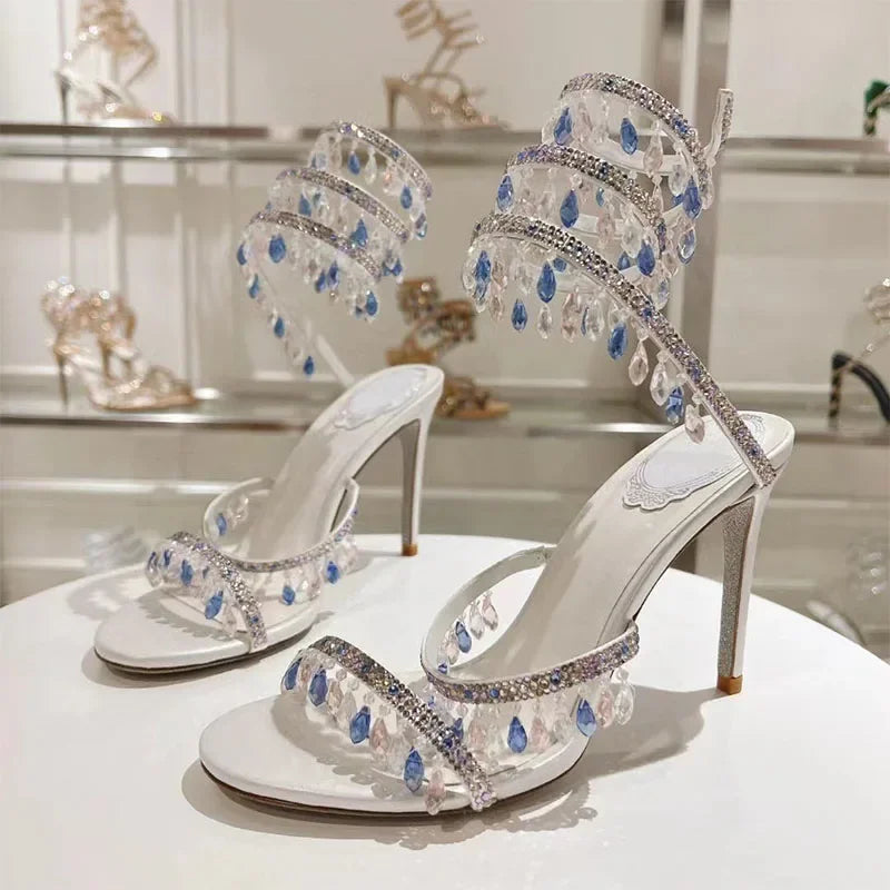 Luxury High Heels Sandals Women Crystal Pendant Snake Twine Around Ankle Strap Wedding Shoes Summer Bohemian Sandals Woman