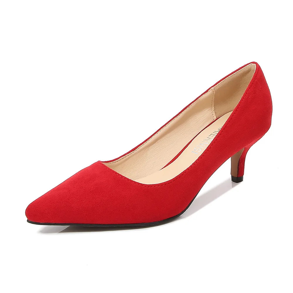Low Heel Pumps Lady Pointed Toe Kitten Heels Female Green Flock Plus Size spring Red Shoes  Women 5cm High Heels