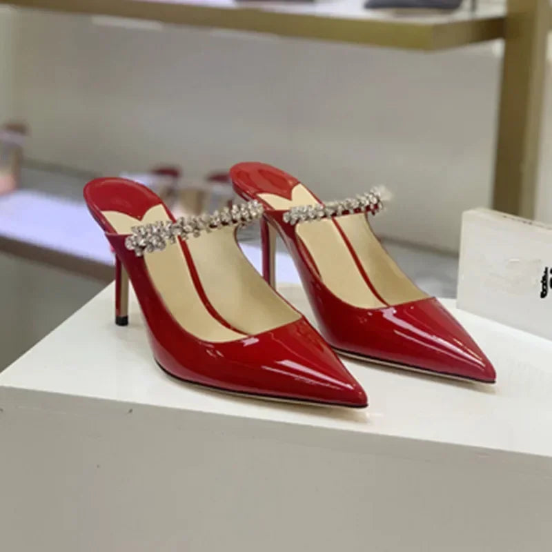 2026 New Fashionable Fine Heeled Muller Shoes with Pointed Water Diamond Chain Banquet Shallow Mouth Women's High Heel Sandals