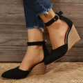 Fashionable pointed toe wedge thick soled buckle women's sandals with straight buckle solid color suede toe cap women's shoes