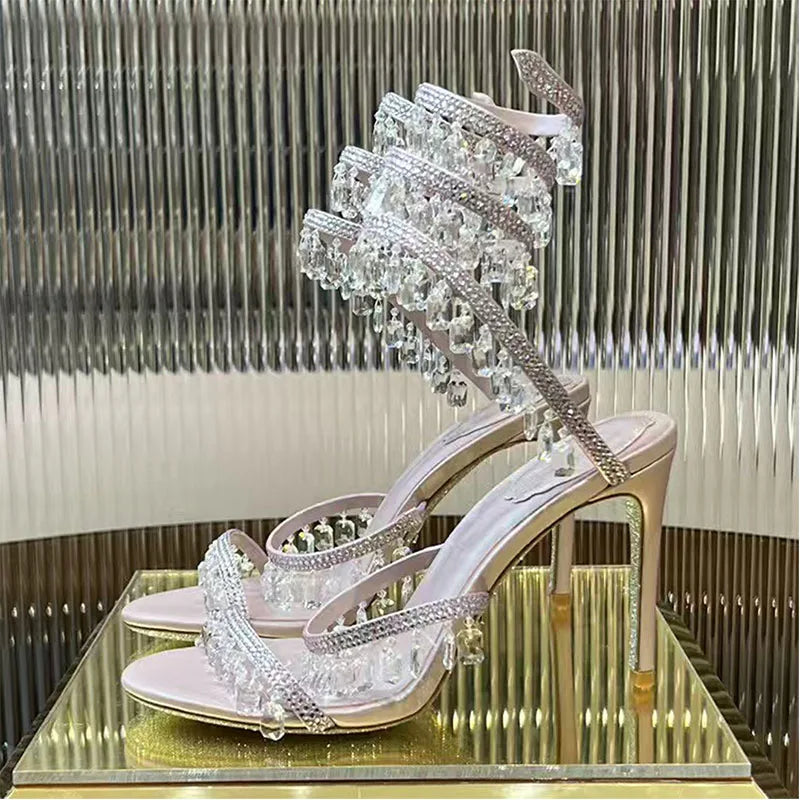 Luxury High Heels Sandals Women Crystal Pendant Snake Twine Around Ankle Strap Wedding Shoes Summer Bohemian Sandals Woman