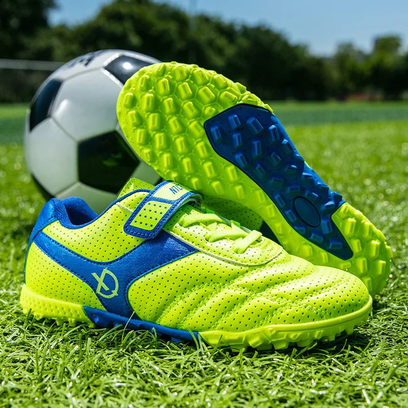 Professional Indoor Turf Soccer Shoes Kid New Design Green Children Football Sneakers Hook-loop Futsal Training Shoes Size 27-38