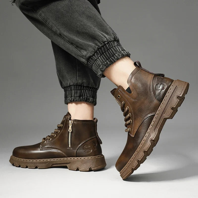 New MEN'S BOOTS with Retro Style Leather Boots, Thick Soles, Wear-resistant MEN'S High Top Casual Shoes, Side Zippers