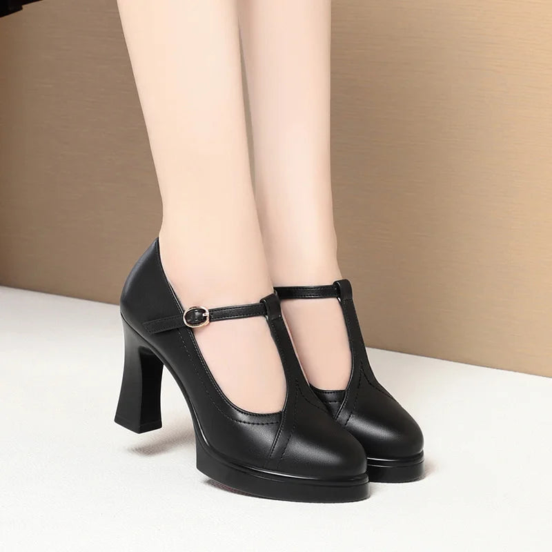 One-Line Button Single Shoes Women Summer New Thick Heel Model Catwalk Shoes Commuting Waterproof Platform Leather Shoes Black