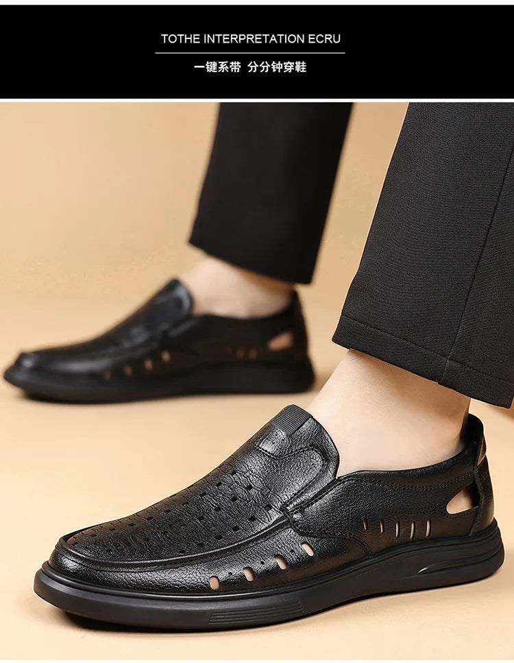 Spring Summer New Hallow Breathable Loafers for Men Fashion Casual Leather Shoes Male Solid Color Soft Sole Designer Shoes Man