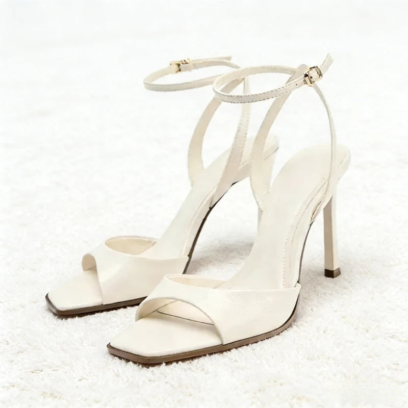 Gold Patent Leather Ankle Buckle High Heeled Sandals Women Sexy Square Toe Open Toe High Heels Summer Fashion Party Office Shoes