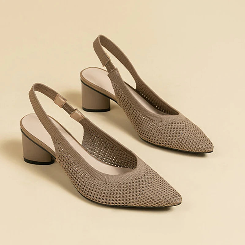 Large Women's High Heel Sandals Fashion Stripes Soft and Breathable Knitted Round Thick Heel Shoes 2025 New (High Heel 5cm)