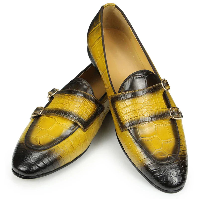 Men Loafers Double Monk Strap Slip on Fashion Casual Penny Footwear Business Wedding Evening Genuine Leather Crocodile Printing
