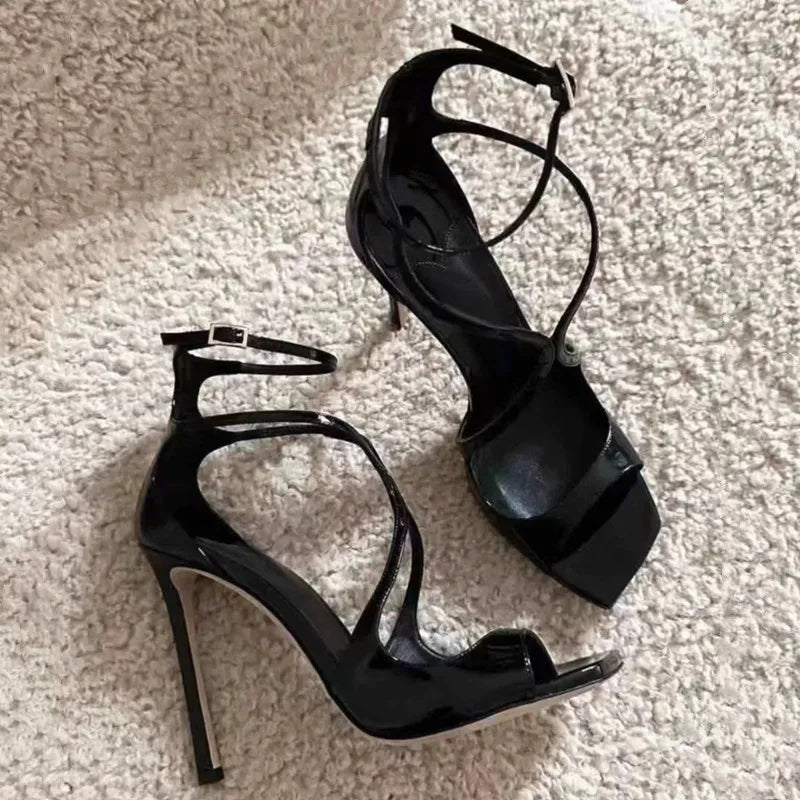 2026 Summer New Brand Patent Leather Women Gladiator Sandals Fashion Square Toe Stiletto High Heels Party Dress Shoes Sandalias