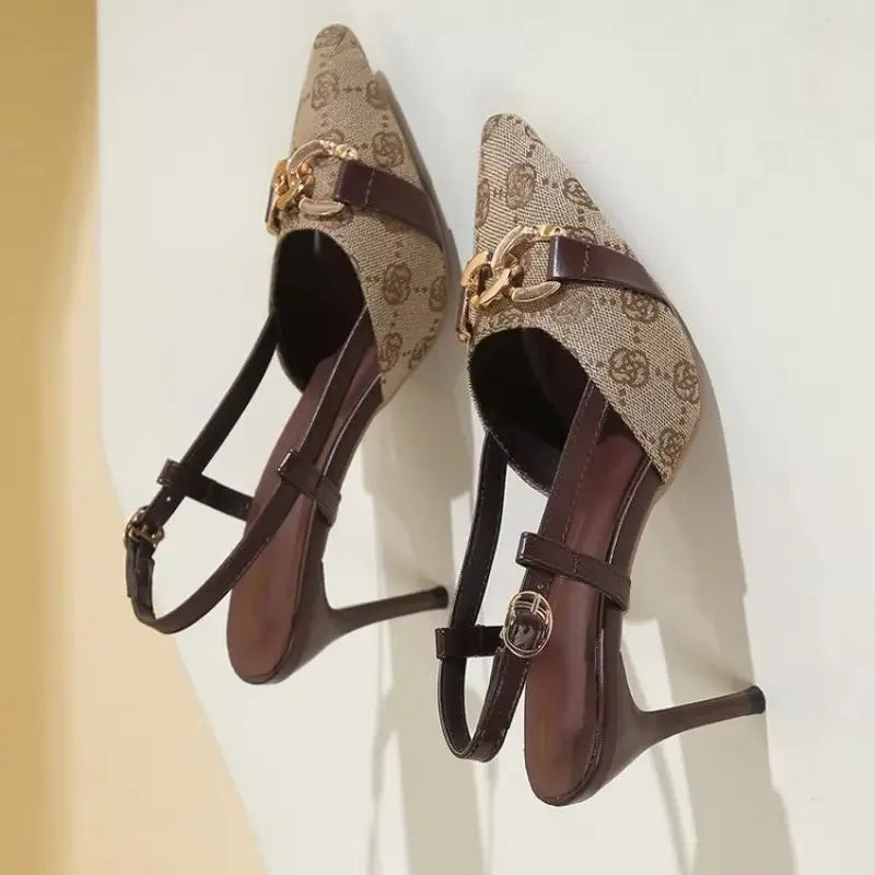 2025 Women's Fashion Baotou Sandals Spring New Pointed Head Shallow Mouth Metal Buckle Anti-slip Wear-resistant High Heels