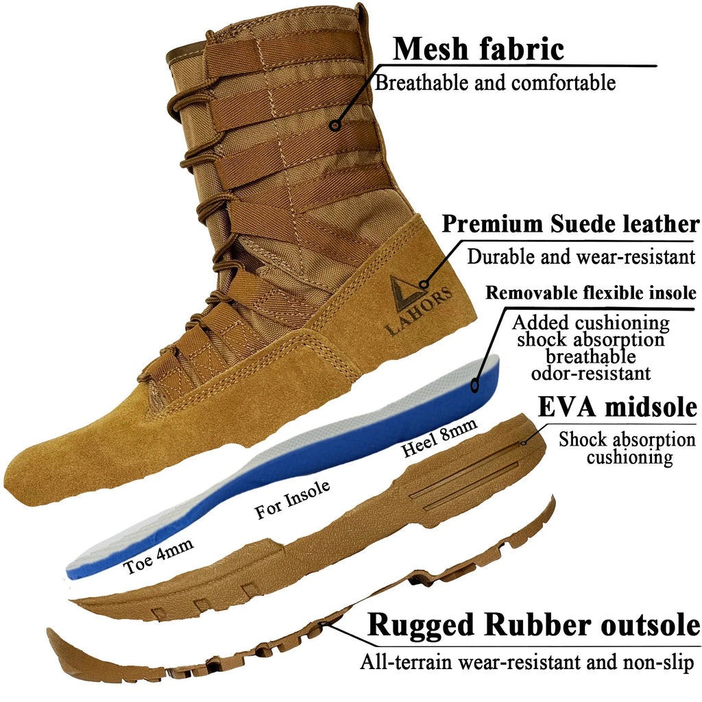 LAHORS® Lightweight Slip On Leather Tactical Combat Boot Men Outdoor Hiking Desert Army Shoe Breathable Male Ankle Boot Man made