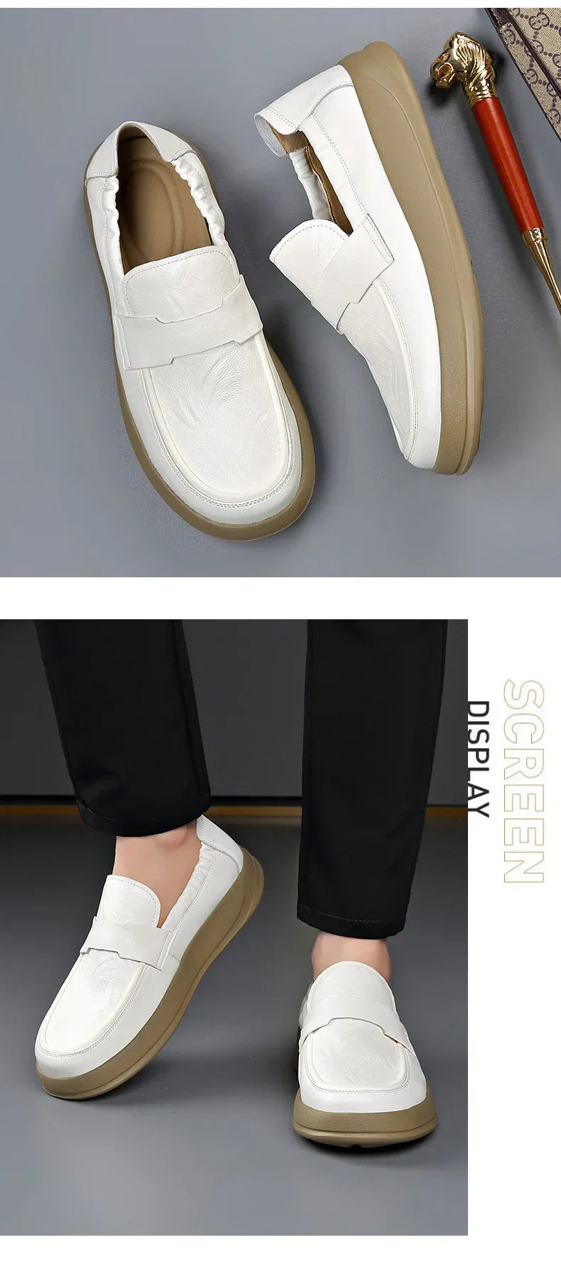 Spring Summer New Genuine Leather Shoes Men Solid Color Fashion Loafers Male Soft Sole Anti-slip Height-increasing Loafers Man