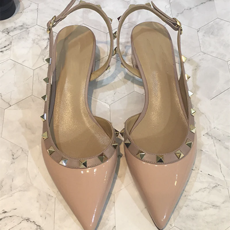 Women Real Leather Shiny Back Buckle Strap Fashionable Sandals European And American Style Trendy Shoes Closed Toe Gold Studs 42