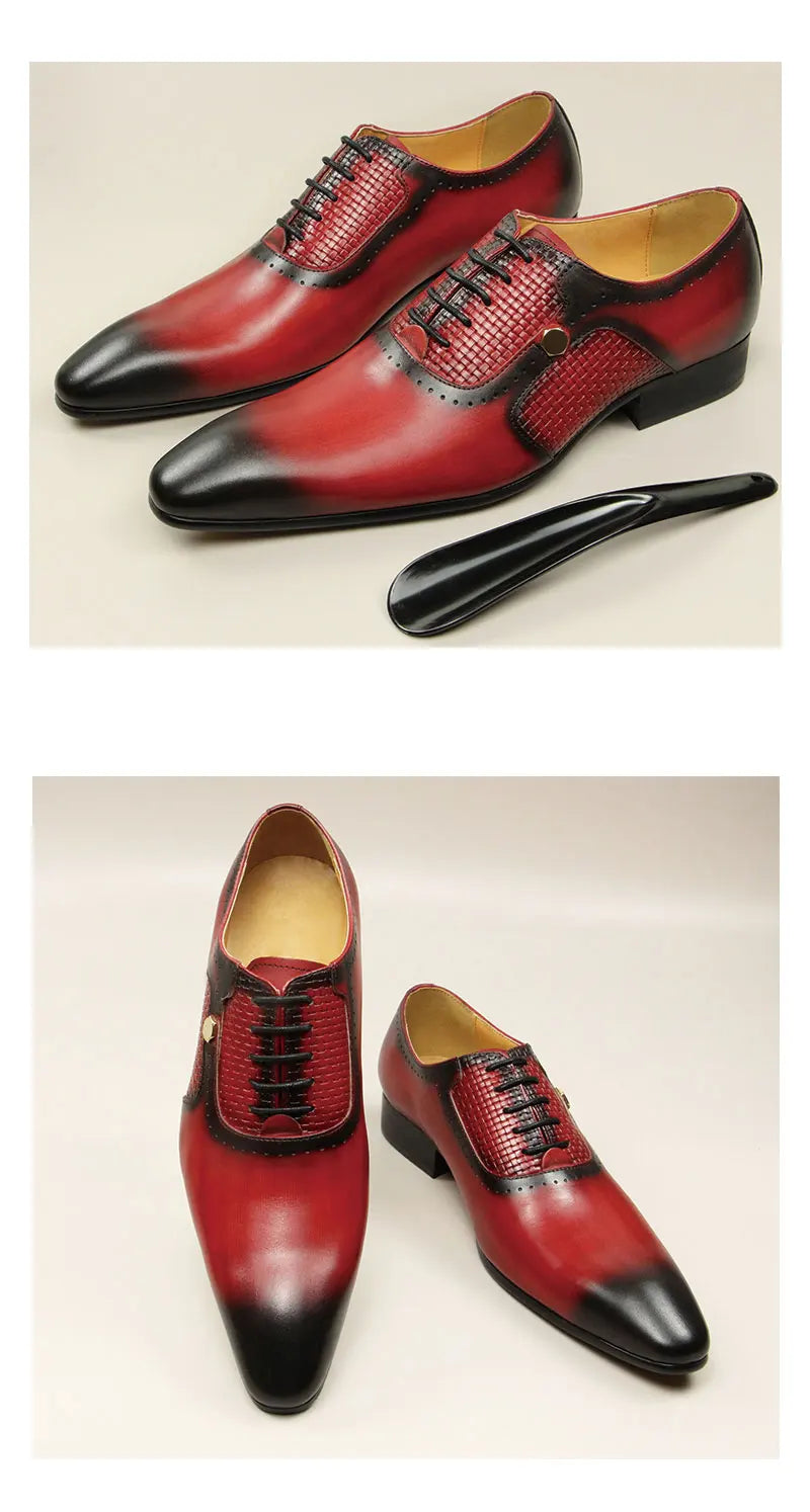 New Men's Business Leather Shoes Fashion Summer Lace-Up Red Black Hand Carved Wedding Shoes Anniversary Office Oxford Shoes