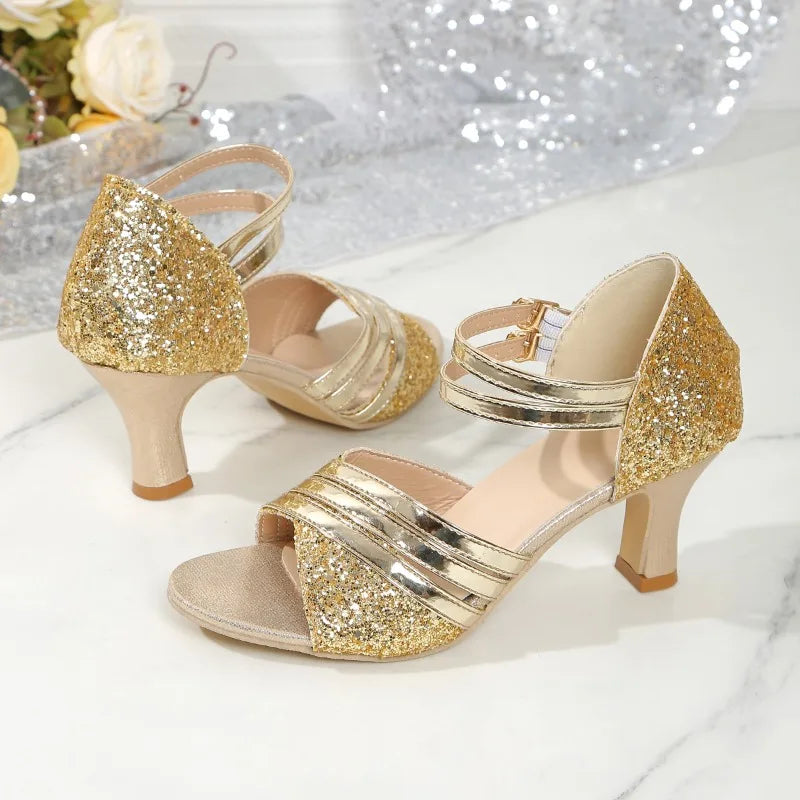 Fall New Round Toe Open Toe Sequin Anti-Slip Wear-Resistant High Heels Fish Mouth Stiletto Sandals