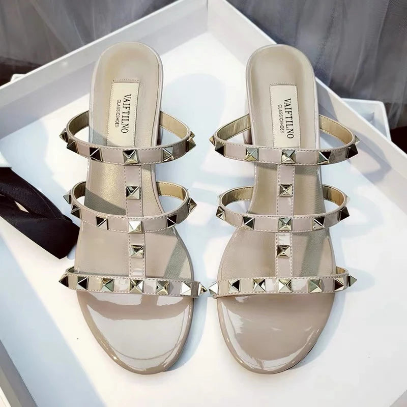 Luxury Women's Shoes Gladiator Shoes Woman 2026 Trend for Women's Sandals Summer Slippers Chunky Heel Leather Rivets High Heels