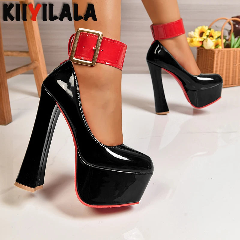 Women Fashion Platform Pumps 5.5cm Height 4cm Wide Gold Belt Buckle Strap Party Shoes 16.5cm Chunky Heels Dance Footwear Size 50