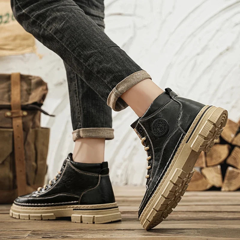 Men's High Top Leather Shoes Work Yellow Boots Thick Bottom Casual Boots Fashion Outdoor Hiking Shoes Mens Boots