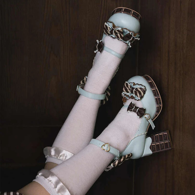 Lovely Girls Lolita High Heels Platform Shoes ,Young Women Students Sweet Chocolate Candy Bowknots Ankle Strap Mary Janes