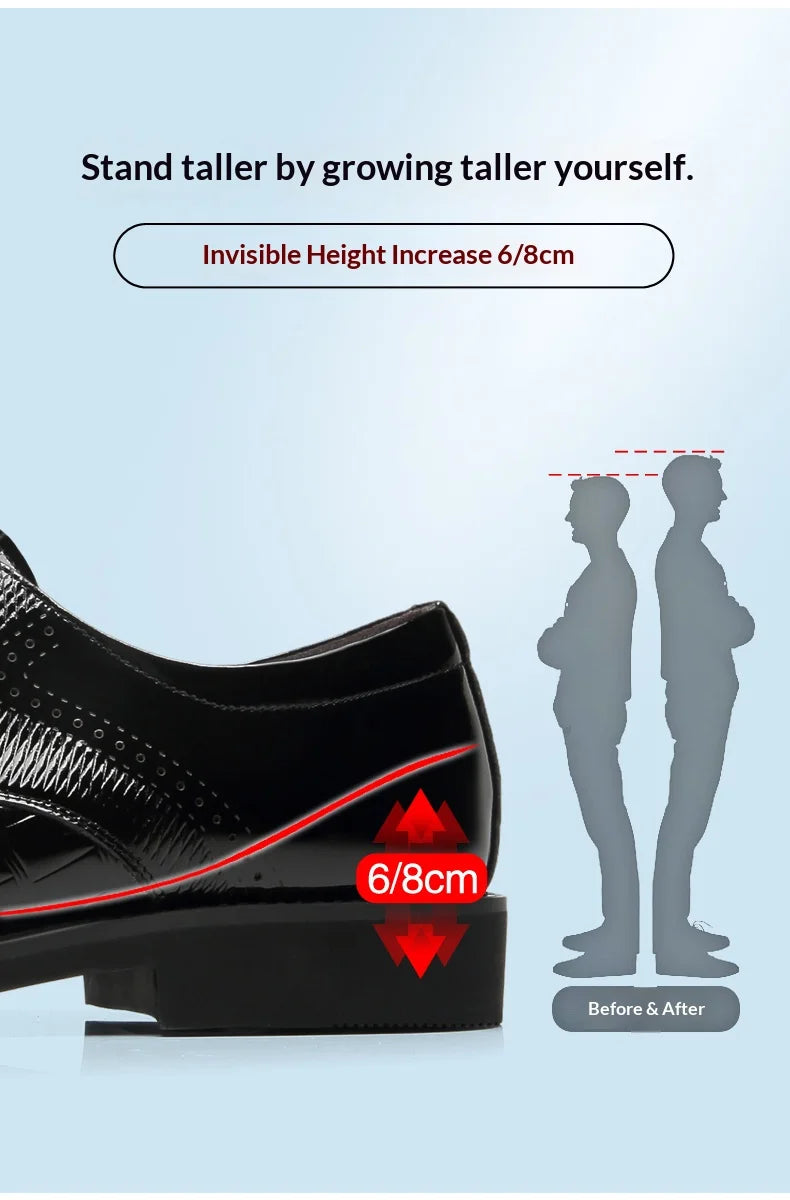 Mens Elevator Shoes 6/8CM Height Increase Invisible Hidden Formal Oxford Derby Leather Dress Shoes for Wedding Business Lace Up