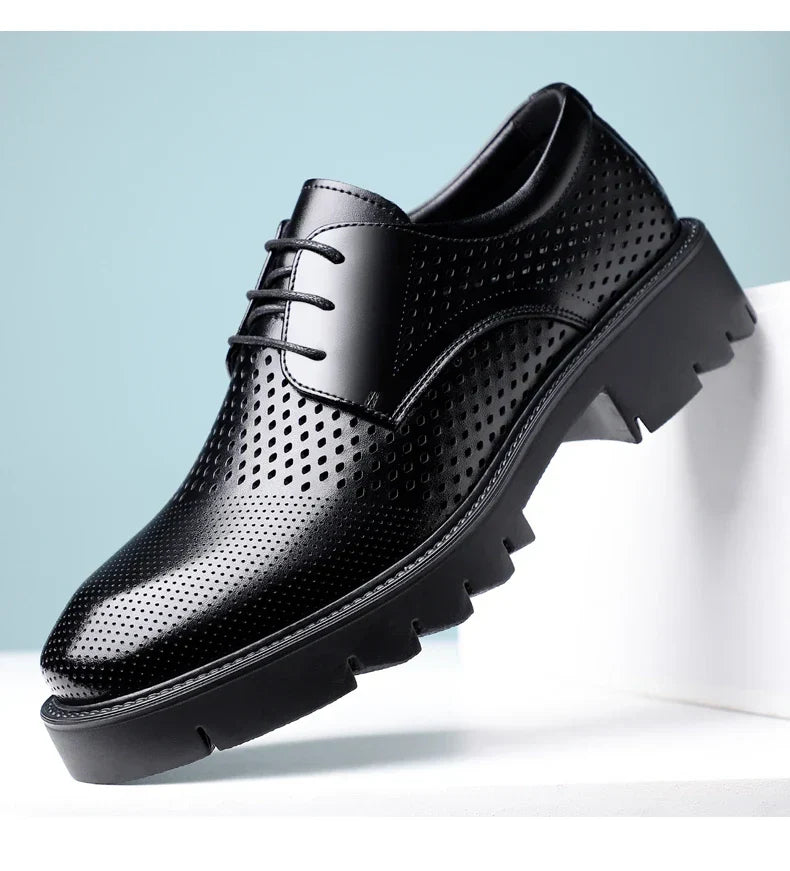 Summer Hollow Out Breathable Men Height Increasing Oxford Shoes 8/10CM Formal Business Dress Wedding Party Elevated Leather Shoe