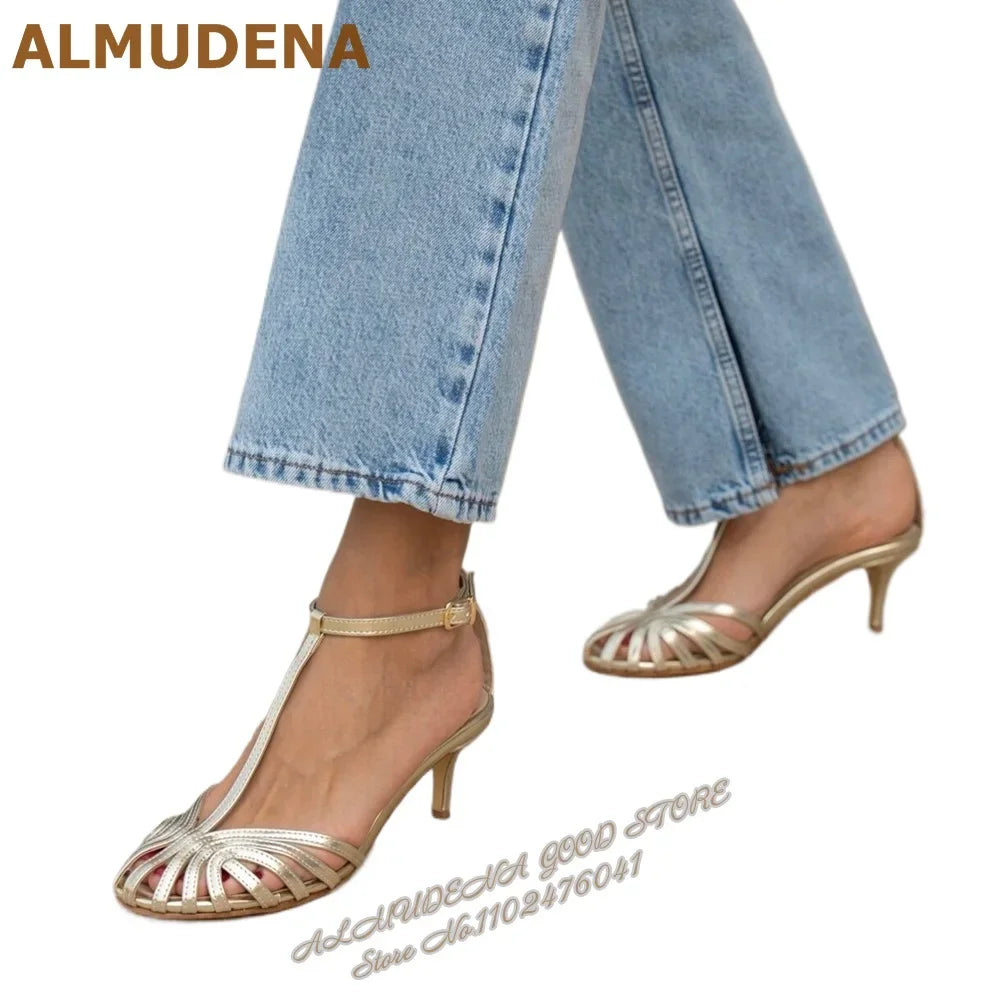 ALMUDENA Champagne Gold Silver Strappy Sandals Stiletto Heel T-Bar Narrow Band Caged Summer Dress Shoes Hollow Out Banquet Shoes