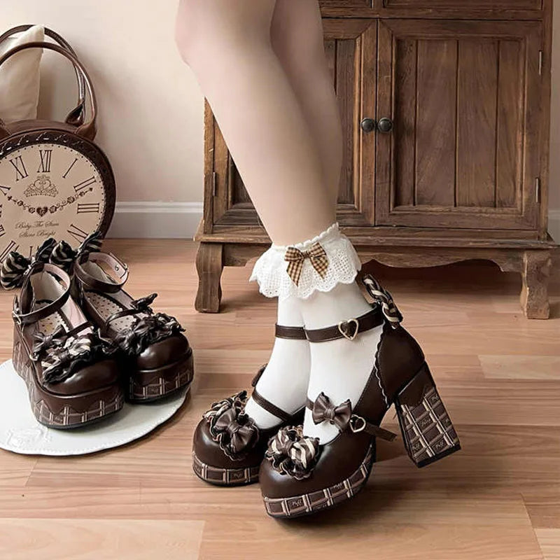 Lovely Girls Lolita High Heels Platform Shoes ,Young Women Students Sweet Chocolate Candy Bowknots Ankle Strap Mary Janes