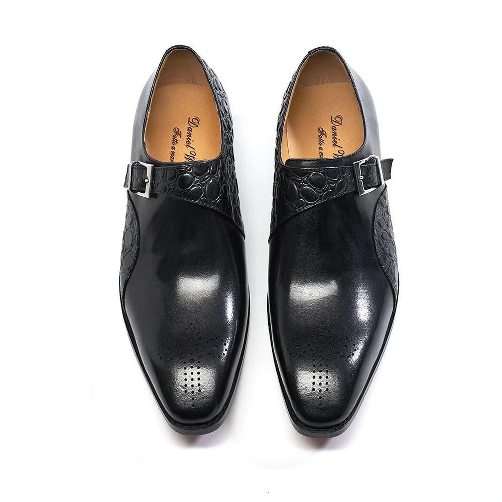 Luxury Men's Genuine Leather Monk Strap Shoes Cowhide Business Office Formal Dress Shoes with Buckle Italian Style for Weddings