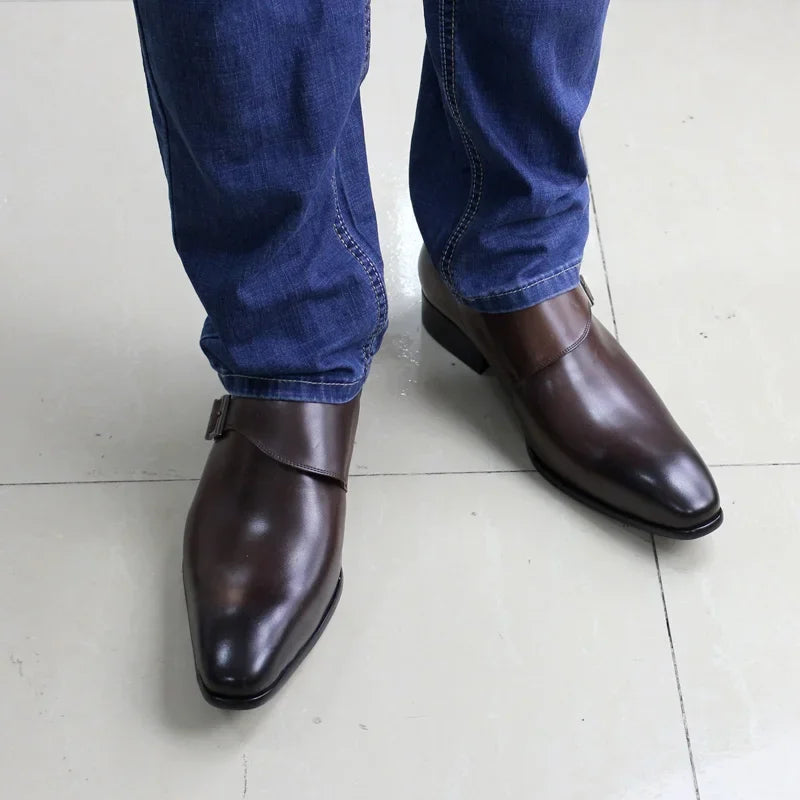 Designer Men's Dress Shoes Classic Genuine Leather Monk Strap Buckle Dark Brown/Black Office Business Formal Shoes for Men