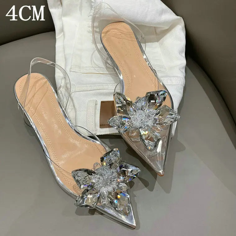 Silver Baotou Sandals Women 2026 New Summer Beautiful Pointy Wine Glass Celebrity Crystal Flower Transparent High Heels