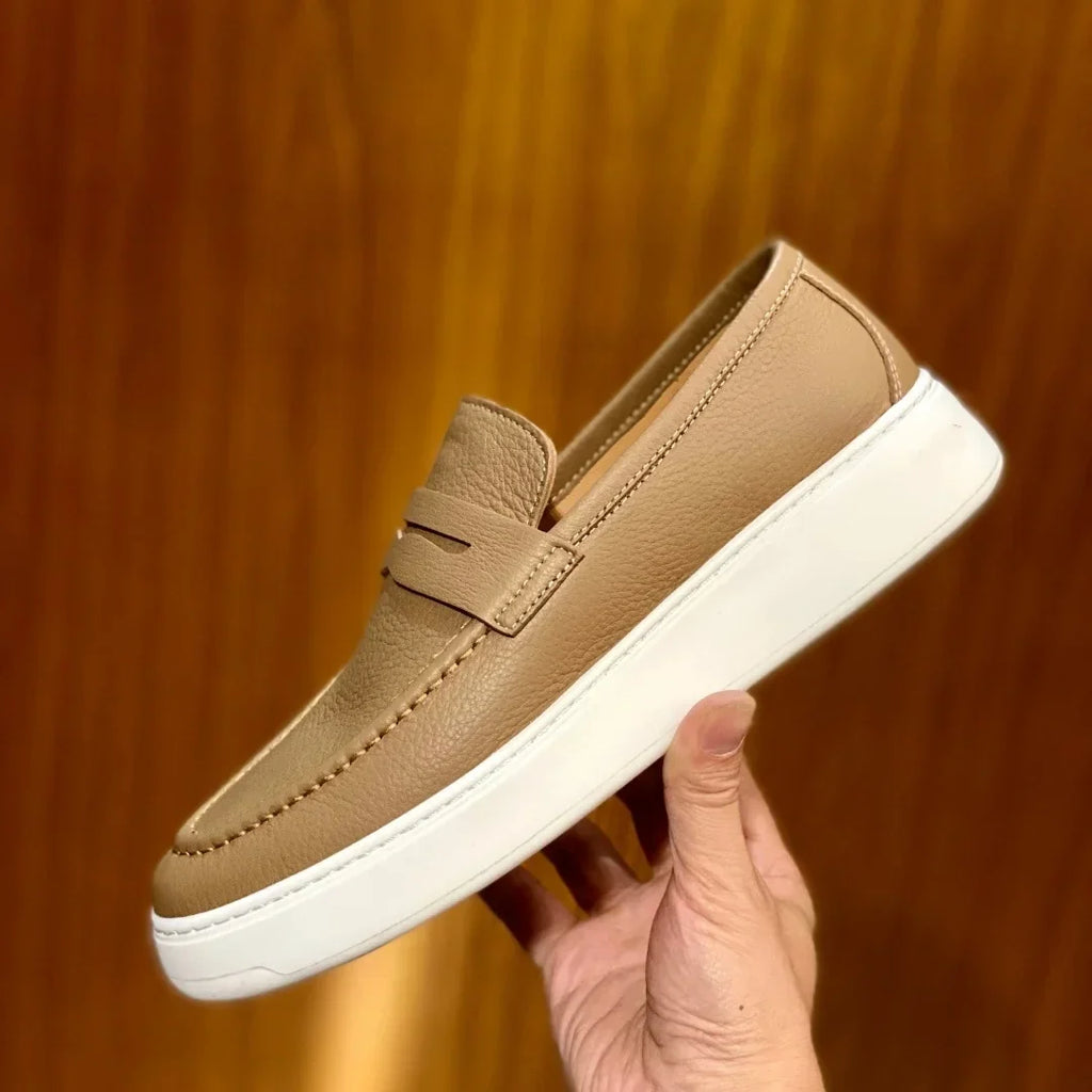 2026 New Men Genuine Grain Leather Penny Loafers Slip On Platform Non Slip Soft Sole Business Casual Driving Daily Walking Shoes